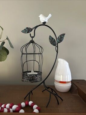 Decorative Black Metal Birdcage Candle Holder with White Bird Accent